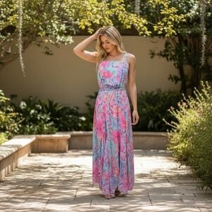 Lilly Pulitzer Maxi Dress Floral Print Blue Pink Sleeveless Smocked Waist Sz XS
